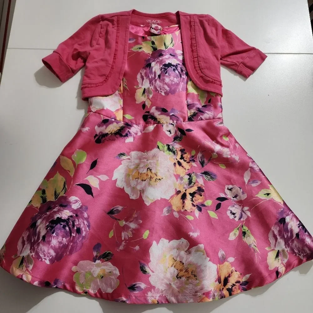 Girls Elegant Floral Magenta Pleated Easter Dress Cardigan & Headband Set Size 6